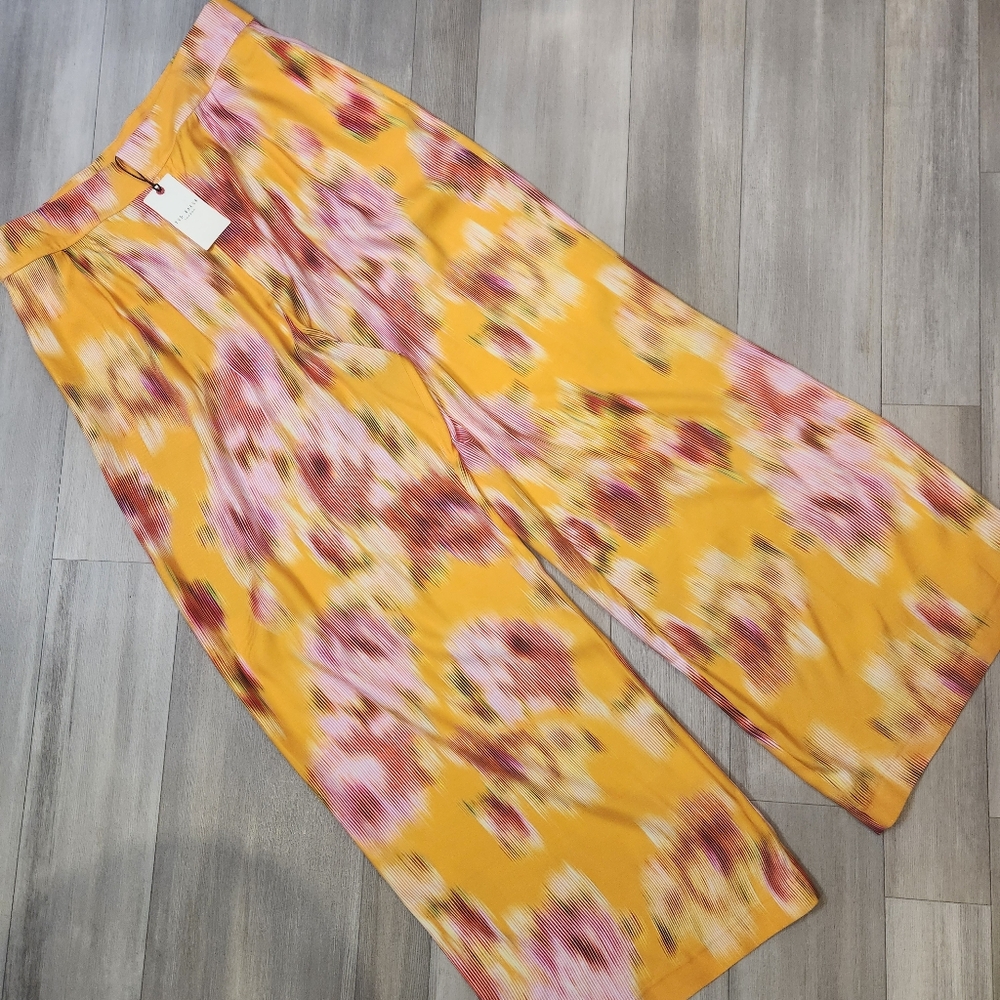 Ted Baker Pants Women's 8 Yellow Pink Hitako Floral Blured Wide Leg New $245 - Picture 2 of 16